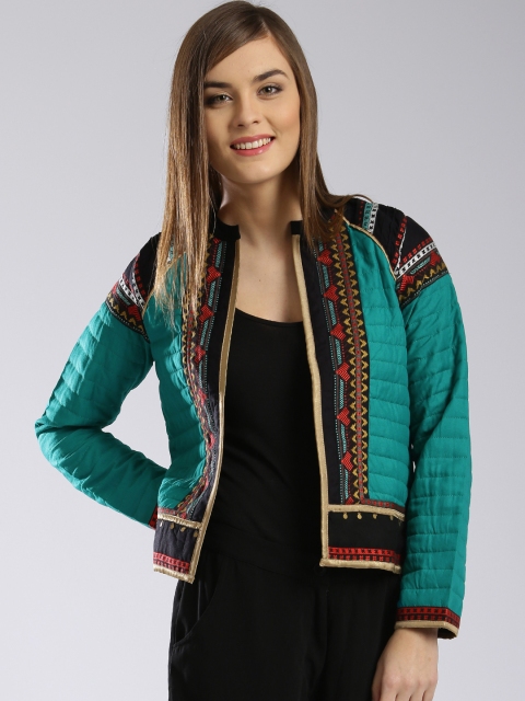 

W Green Patterned Front Open Quilted Ethnic Jacket