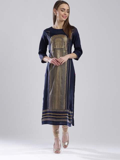 

W Women Navy Printed Straight Kurta, Navy blue