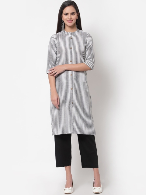 

Myshka Women Grey Cotton Striped Straight Kurta