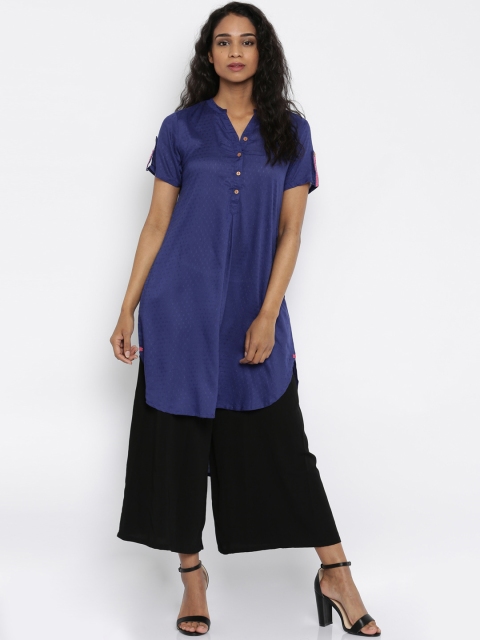 Global Desi Women Blue Woven Design A-Line Kurta available at myntra for Rs.639