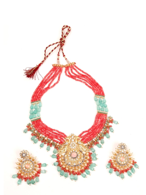 

ODETTE Gold-Toned Green & Red Beaded Jewellery Set