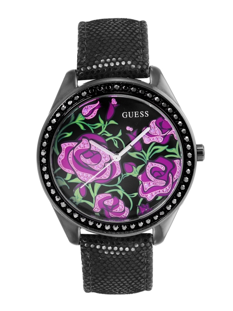 

GUESS Women Purple Printed Embellished Dial & Black Leather Strap Analogue Watch W0284L1
