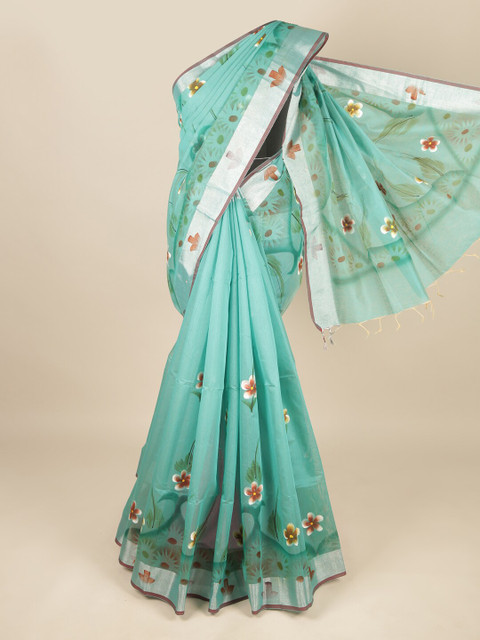

Pothys Green & Silver-Toned Floral Zari Pure Cotton Saree