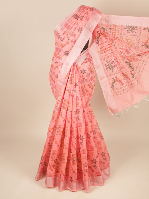 

Pothys Peach-Coloured & Silver-Toned Printed Zari Pure Cotton Saree