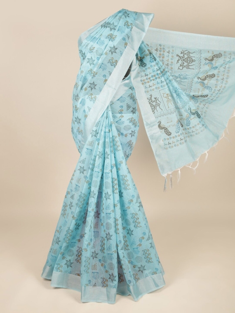 

Pothys Blue & Silver-Toned Printed Zari Pure Cotton Saree