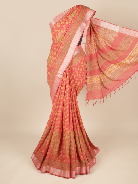 

Pothys Peach-Coloured & Green Floral Linen Blend Saree