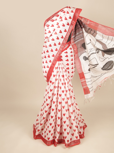 

Pothys Off White & Red Ethnic Motifs Zari Linen Blend Saree