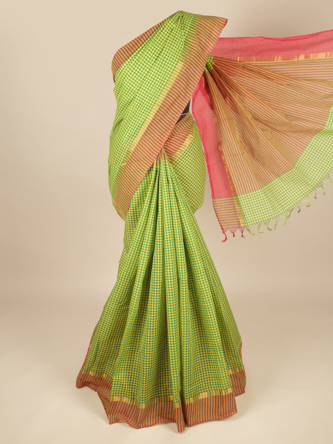 

Pothys Green & Orange Checked Pure Cotton Saree