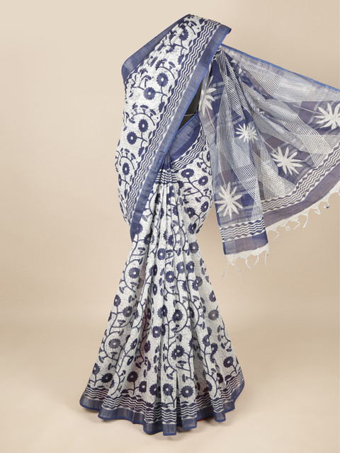 

Pothys Blue & White Floral Zari Linen Blend Saree