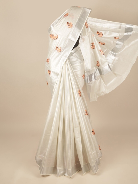 

Pothys Silver-Toned & Orange Ethnic Motifs Embroidered Pure Cotton Saree
