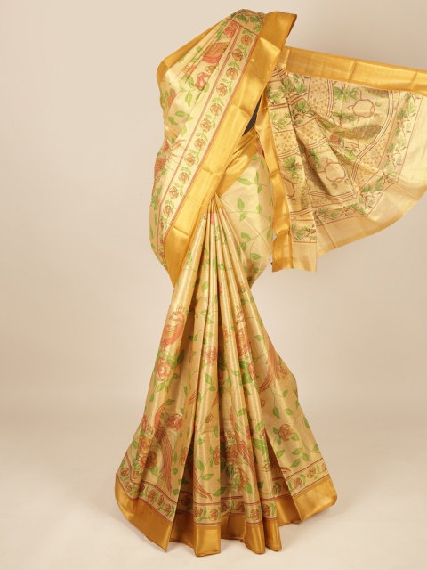 

Pothys Cream-Coloured & Green Floral Zari Pure Cotton Saree