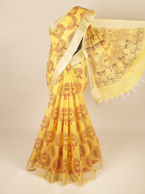 

Pothys Yellow & Brown Floral Zari Pure Cotton Saree