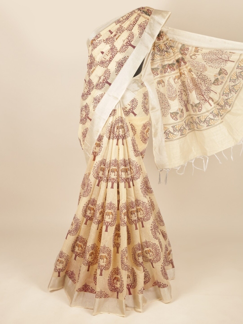 

Pothys Cream-Coloured & Maroon Ethnic Motifs Zari Pure Cotton Saree