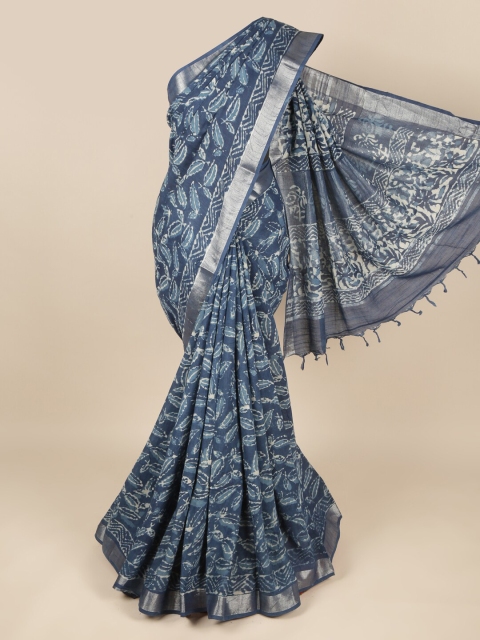 

Pothys Blue & White Ethnic Motifs Zari Linen Blend Saree