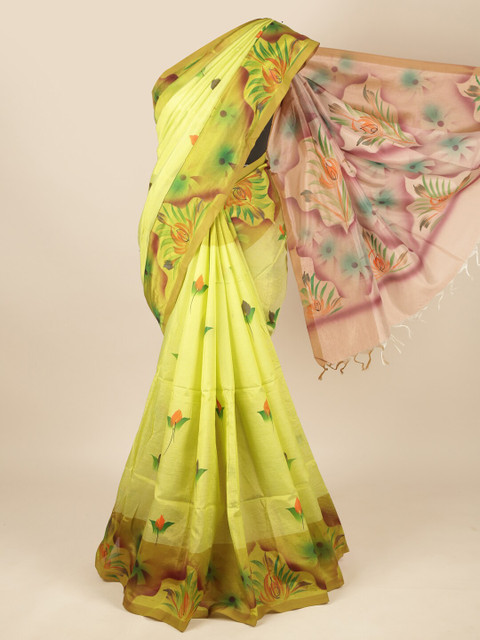 

Pothys Lime Green & Orange Floral Pure Cotton Saree