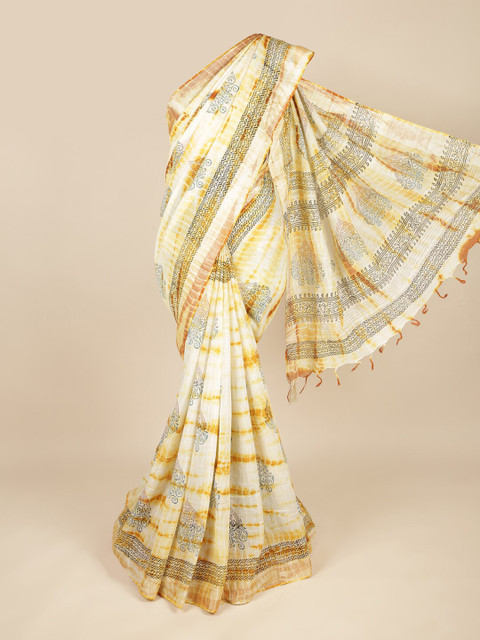 

Pothys Cream-Coloured & Mustard Ethnic Motifs Saree