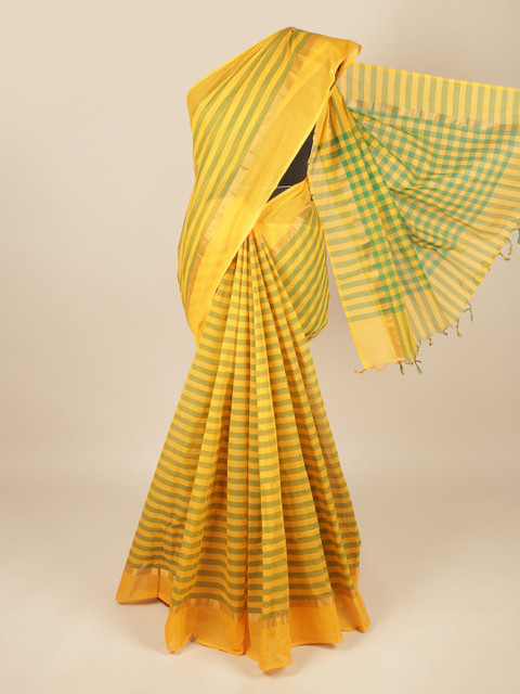 

Pothys Yellow & Green Striped Zari Pure Cotton Saree