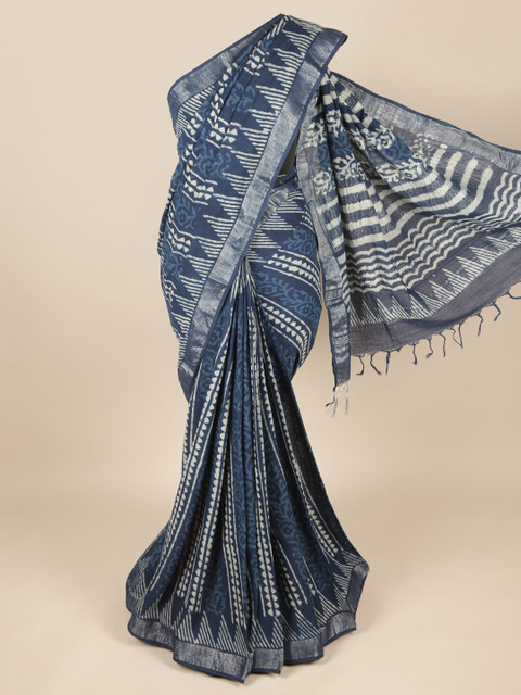 

Pothys Navy Blue & White Ethnic Motifs Zari Linen Blend Saree