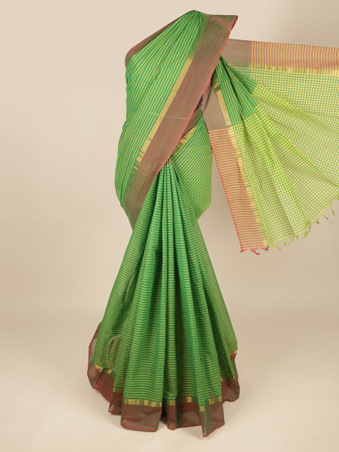 

Pothys Green & Gold-Toned Striped Zari Pure Cotton Saree