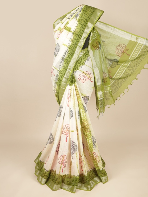 

Pothys Cream-Coloured & Green Ethnic Motifs Zari Linen Blend Saree