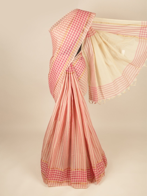 

Pothys Peach-Coloured & Pink Checked Pure Cotton Saree