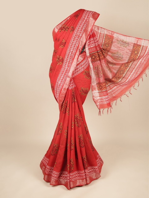 

Pothys Red & White Floral Zari Linen Blend Saree