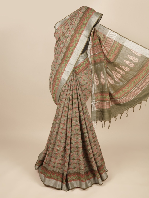 

Pothys Green & Silver-Toned Ethnic Motifs Linen Blend Saree