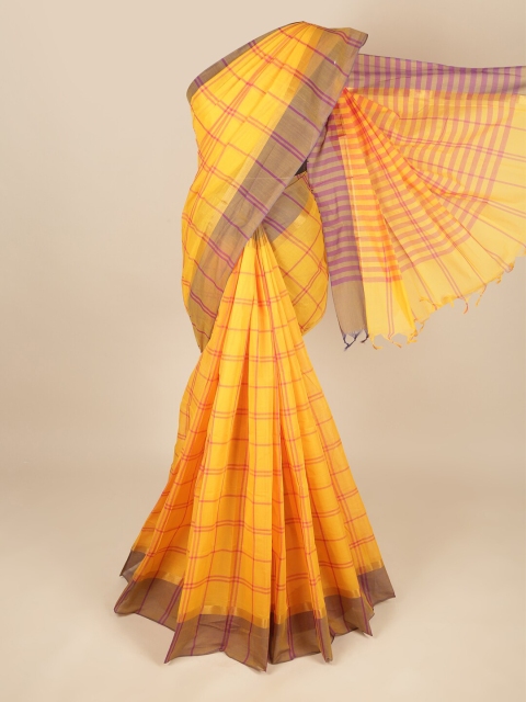 

Pothys Yellow & Violet Checked Pure Cotton Saree