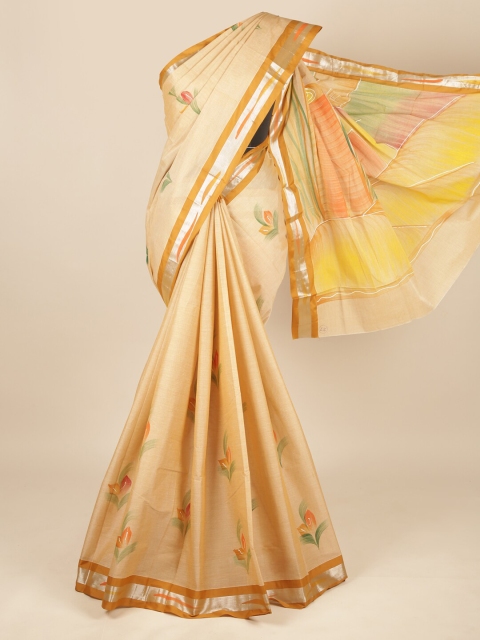 

Pothys Tan & Silver-Toned Floral Zari Pure Cotton Saree