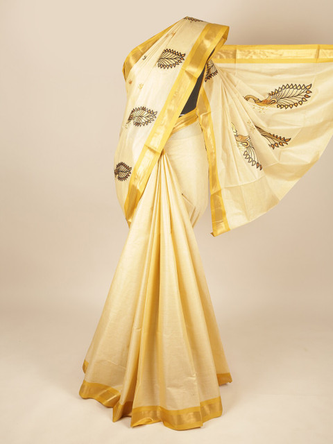 

Pothys Cream-Coloured & Gold-Toned Ethnic Motifs Zari Pure Cotton Saree