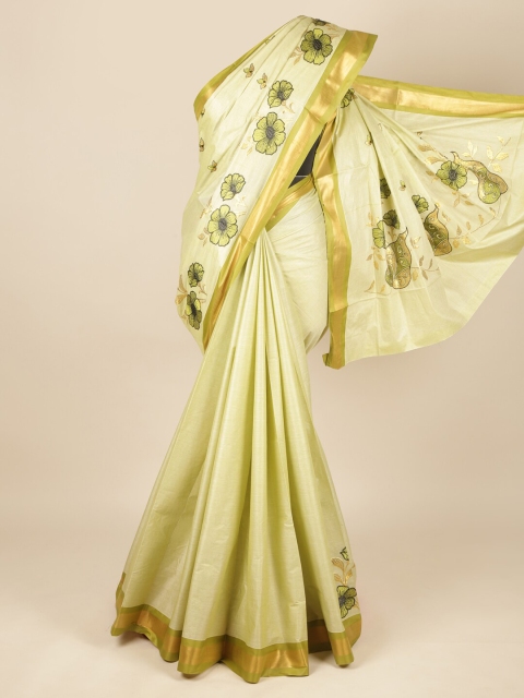 

Pothys Green & Gold-Toned Floral Embroidered Pure Cotton Saree