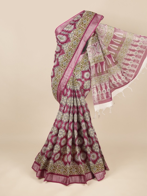 

Pothys Magenta & Green Ethnic Motifs Linen Blend Saree