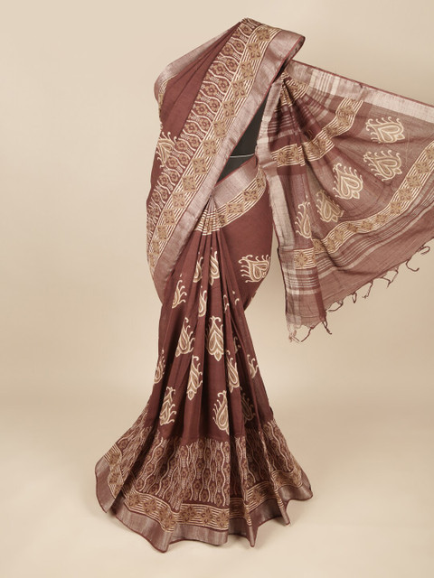 

Pothys Brown & White Ethnic Motifs Linen Blend Saree
