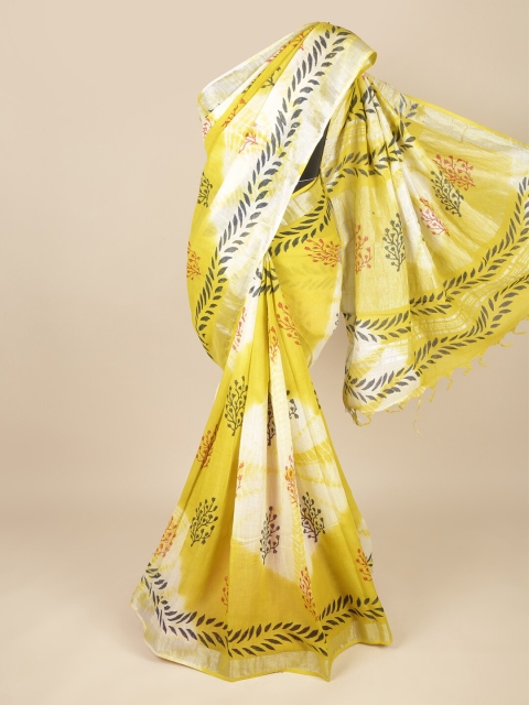 

Pothys Green & White Ethnic Motifs Linen Blend Saree