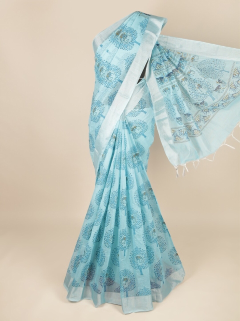 

Pothys Blue & Silver-Toned Floral Zari Pure Cotton Saree