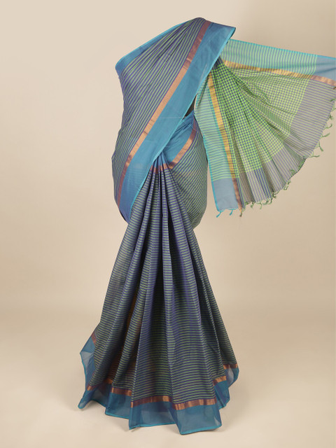 

Pothys Blue & Green Striped Zari Pure Cotton Saree