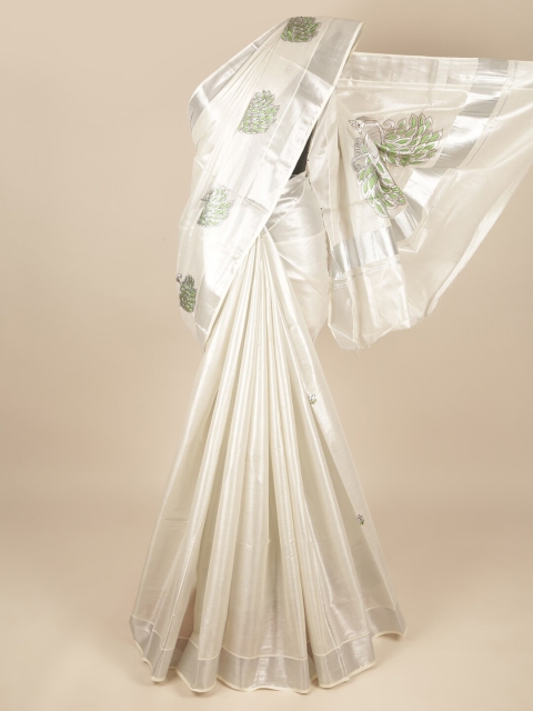

Pothys Silver-Toned & Green Ethnic Motifs Zari Pure Cotton Saree