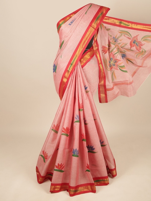 

Pothys Peach-Coloured & Red Pure Cotton Saree