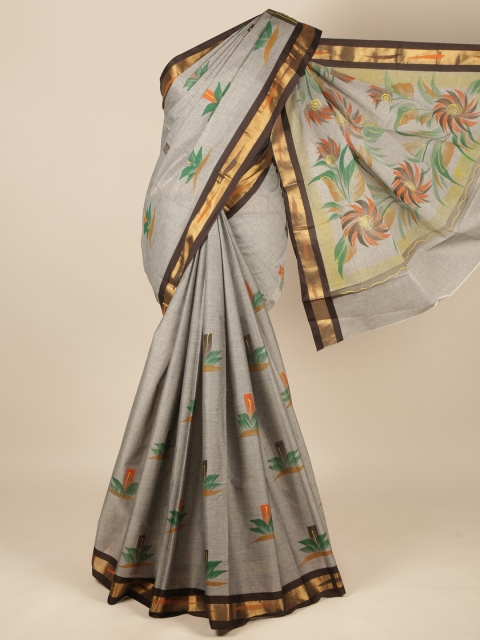 

Pothys Grey & Green Floral Pure Cotton Saree