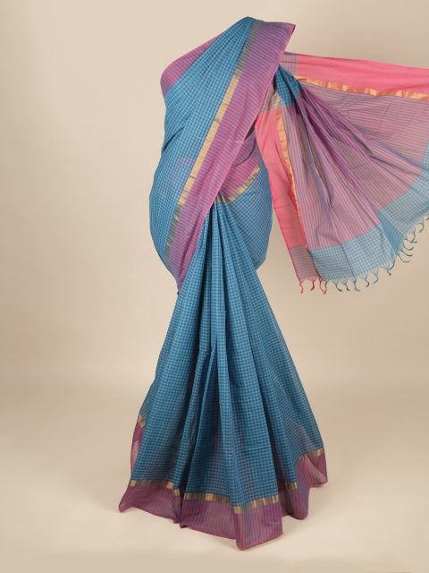 

Pothys Blue & Pink Checked Zari Pure Cotton Saree