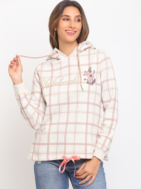 

Her Grace Women Cream-Coloured Checked Hooded Sweatshirt