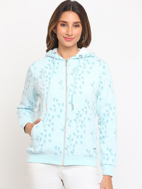 

Her Grace Women Blue Printed Hooded Fleece Front-Open Sweatshirt