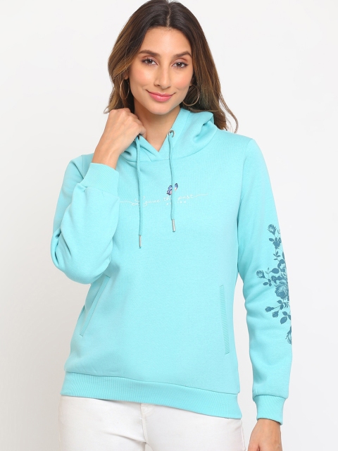 

Her Grace Women Turquoise Blue Printed Hooded Fleece Sweatshirt