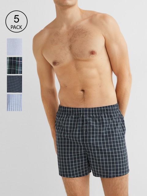 

H&M Men Green & Navy Blue 5-Pack Woven Cotton Boxer Shorts