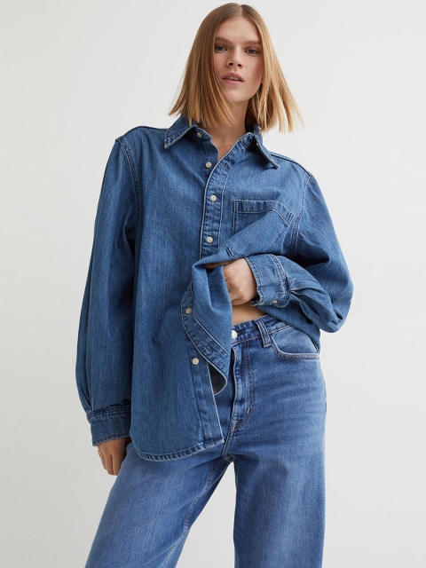 

H&M Women Blue Oversized Pure Cotton Denim Shirt