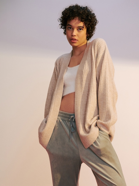 

H&M Women Beige Rib-Knit Cardigan