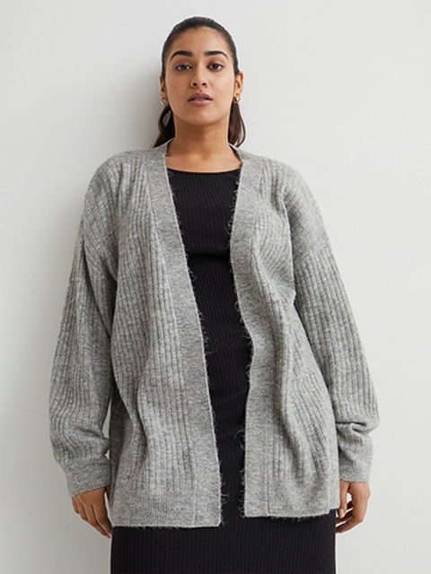 

H&M Women Grey Solid Rib-Knit Cardigan