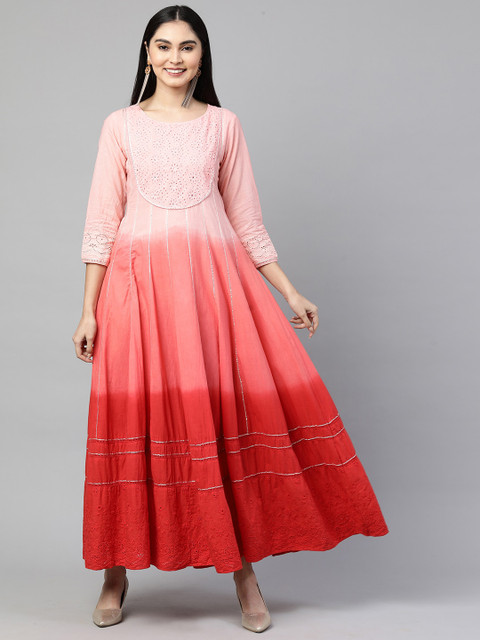 

FASHOR Peach-Coloured Tie and Dye Dyed Ethnic Maxi Dress