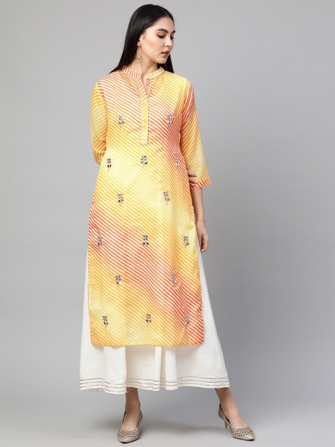 

FASHOR Mustard Yellow & Off White Lehriya Ethnic Kurta with Maxi