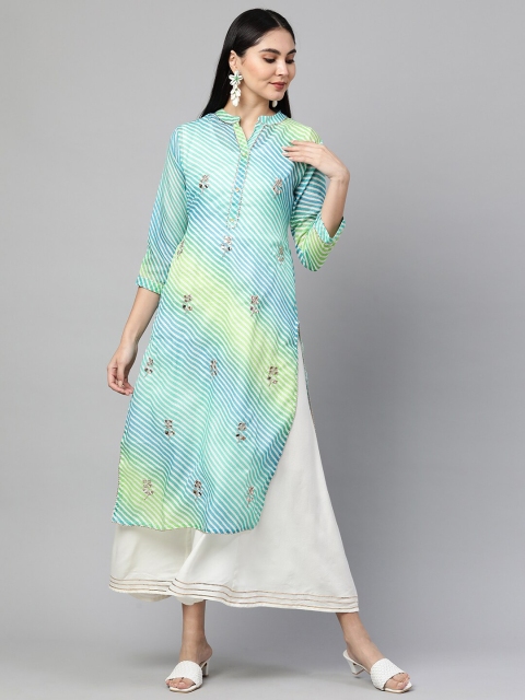 

FASHOR Blue Printed & Embroidered Ethnic Maxi Dress